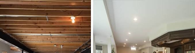 Before and after comparison of a basement ceiling in Herriman, Utah, from exposed joists to a finished, painted ceiling with recessed lighting